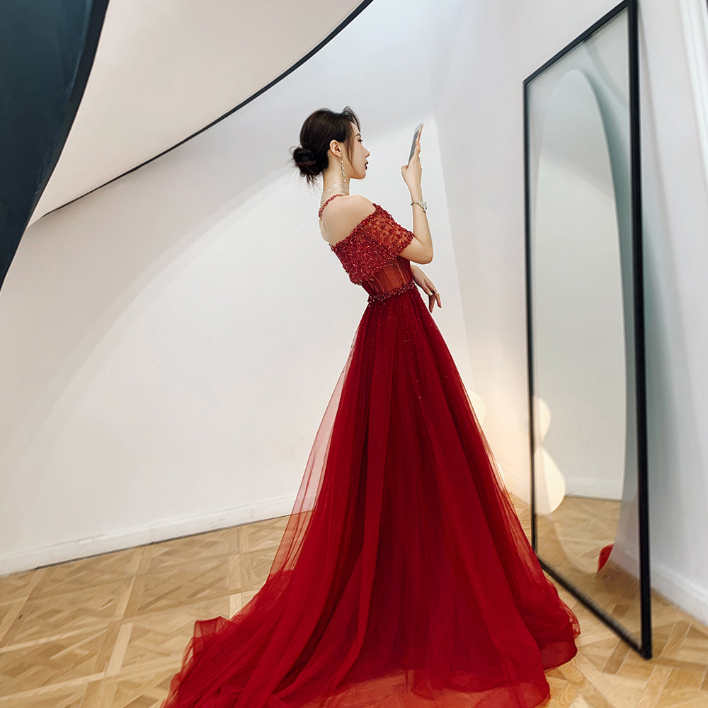 High quality burgundy beads long prom gown formal dress  8401