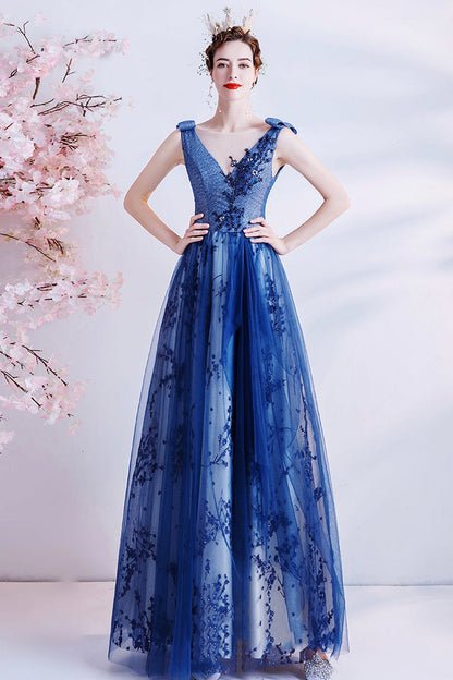 Elegant tulle sequins long A line prom dress evening dress  8702