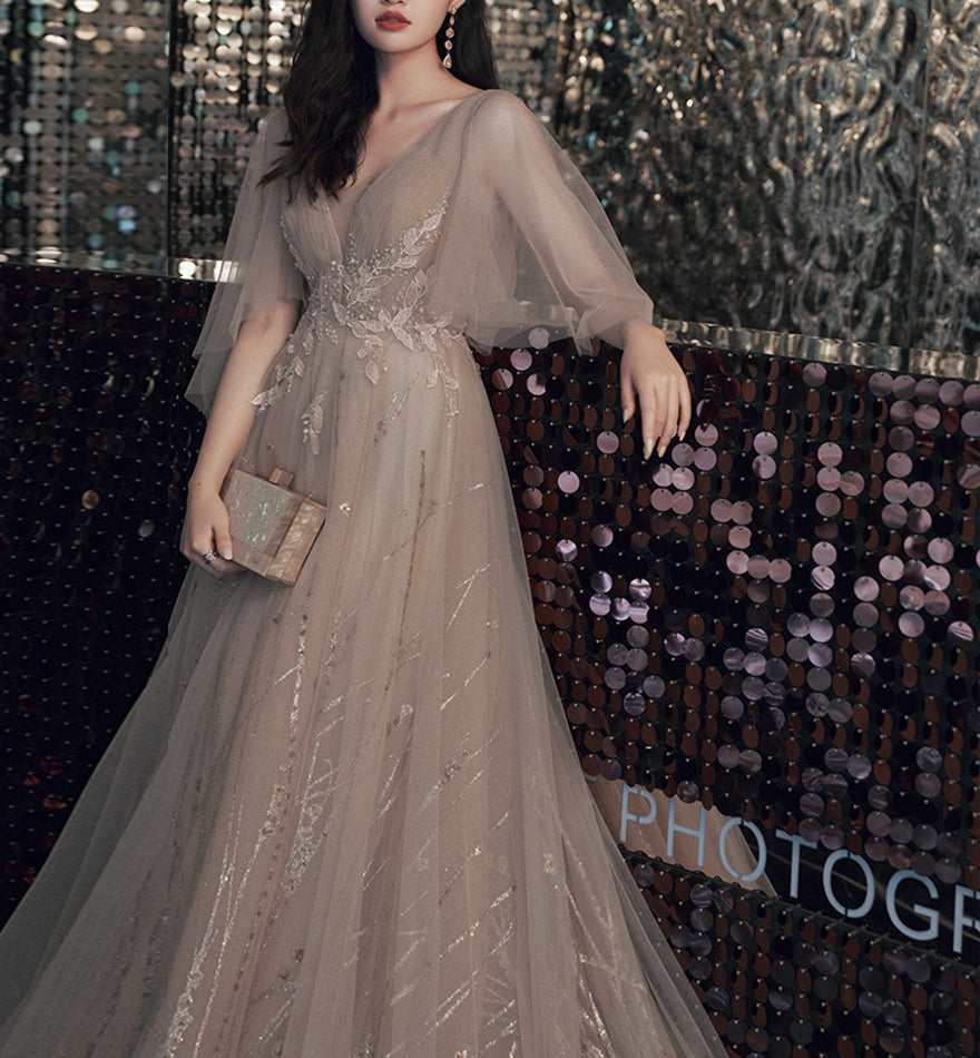 Champagne lace sequins long ball gown dress formal dress  8474