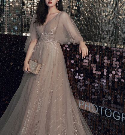 Champagne lace sequins long ball gown dress formal dress  8474