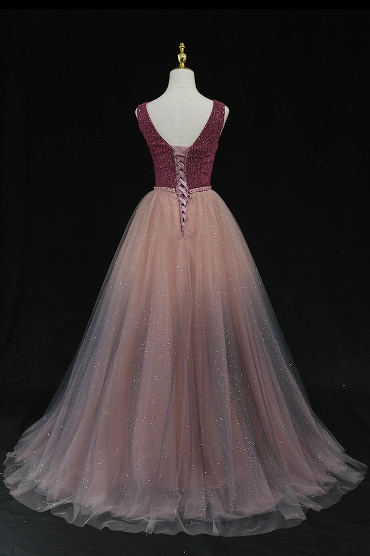 Shiny v neck tulle long prom gown formal dress  8602