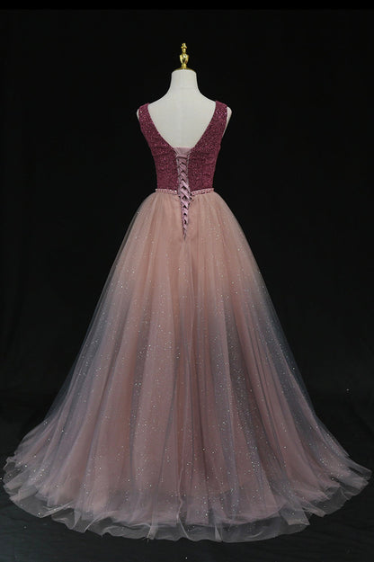 Shiny v neck tulle long prom gown formal dress  8602