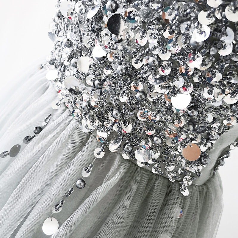 Gray v neck tulle beads long prom dress  8172