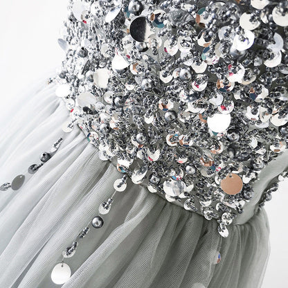 Gray v neck tulle beads long prom dress  8172