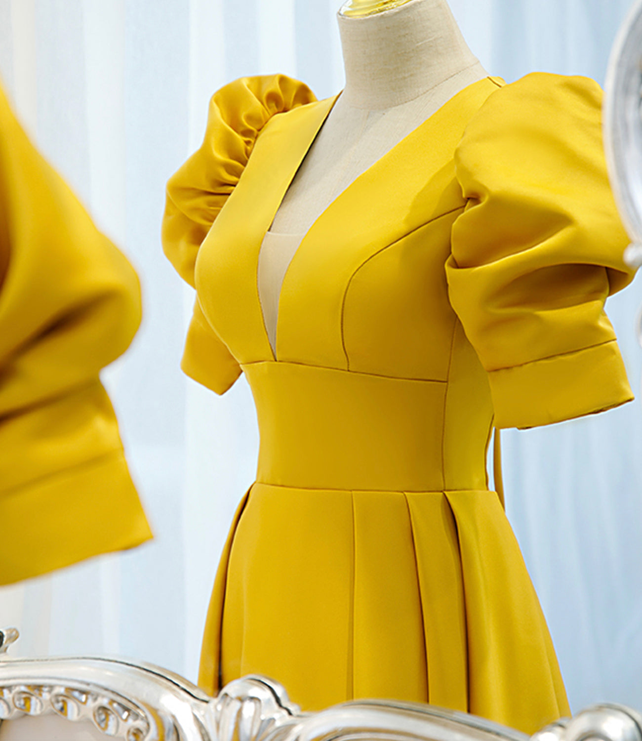 Yellow satin long A line prom dress evening dress  8847