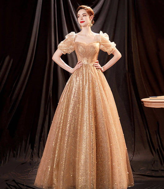 Shiny tulle long A line prom dress evening dress  8818
