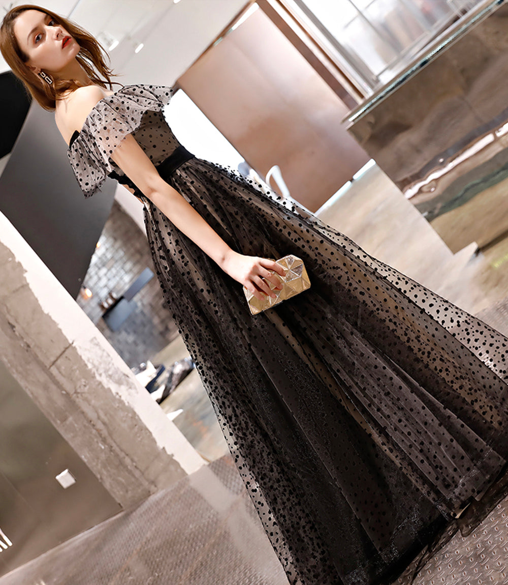 Black tulle long prom dress black evening dress  8520