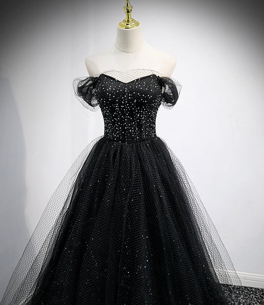 Black tulle long A line prom dress black evening dress  8863