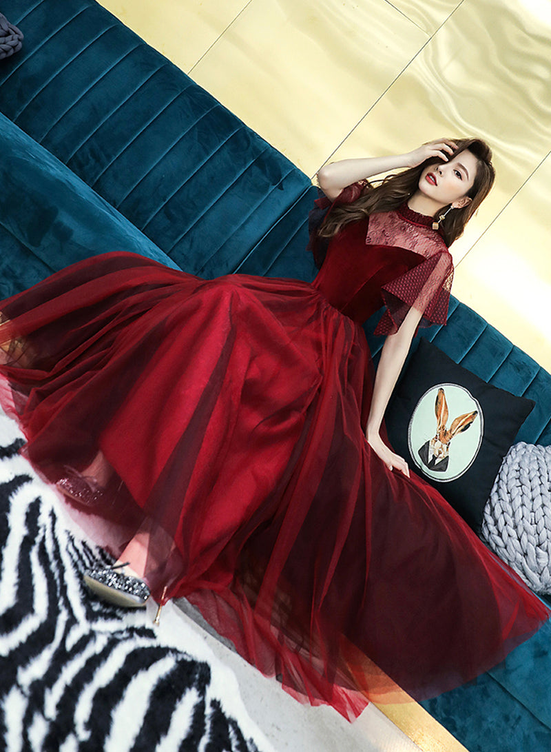 Burgundy velvet tulle prom dress burgundy evening dress  8380