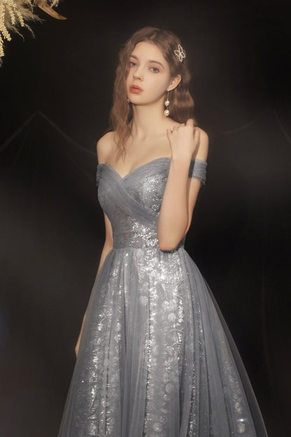 Grey long A line prom dress off shoulder evening dress  8592