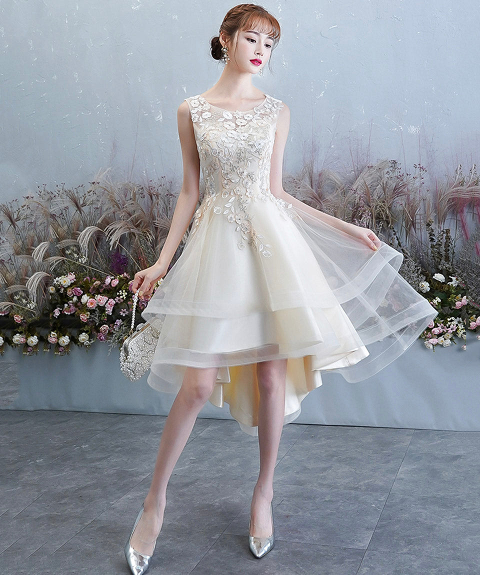 Champagne tulle lace high low prom dress party dress  8420