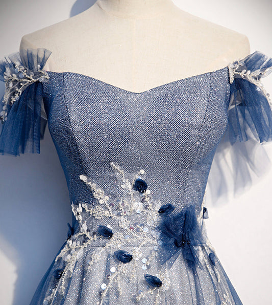 Shiny tulle sequins long prom dress blue evening dress  8429