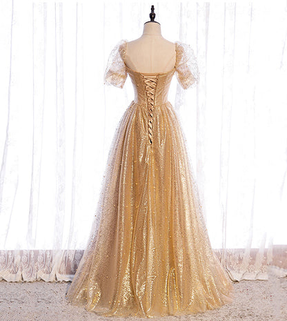 Gold tulle sequins long prom dress evening dress  8428