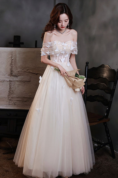Champagne tulle long A line prom dress evening dress  8716