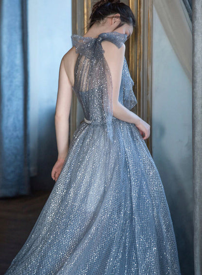Blue tulle sequins long prom dress one shoulder evening dress  8426