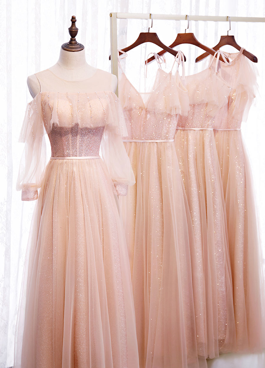 Pink tulle sequins long prom dress  8348