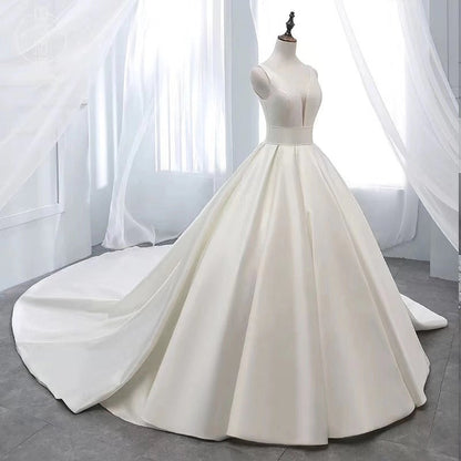 White v neck satin long ball gown dress formal dress  8870