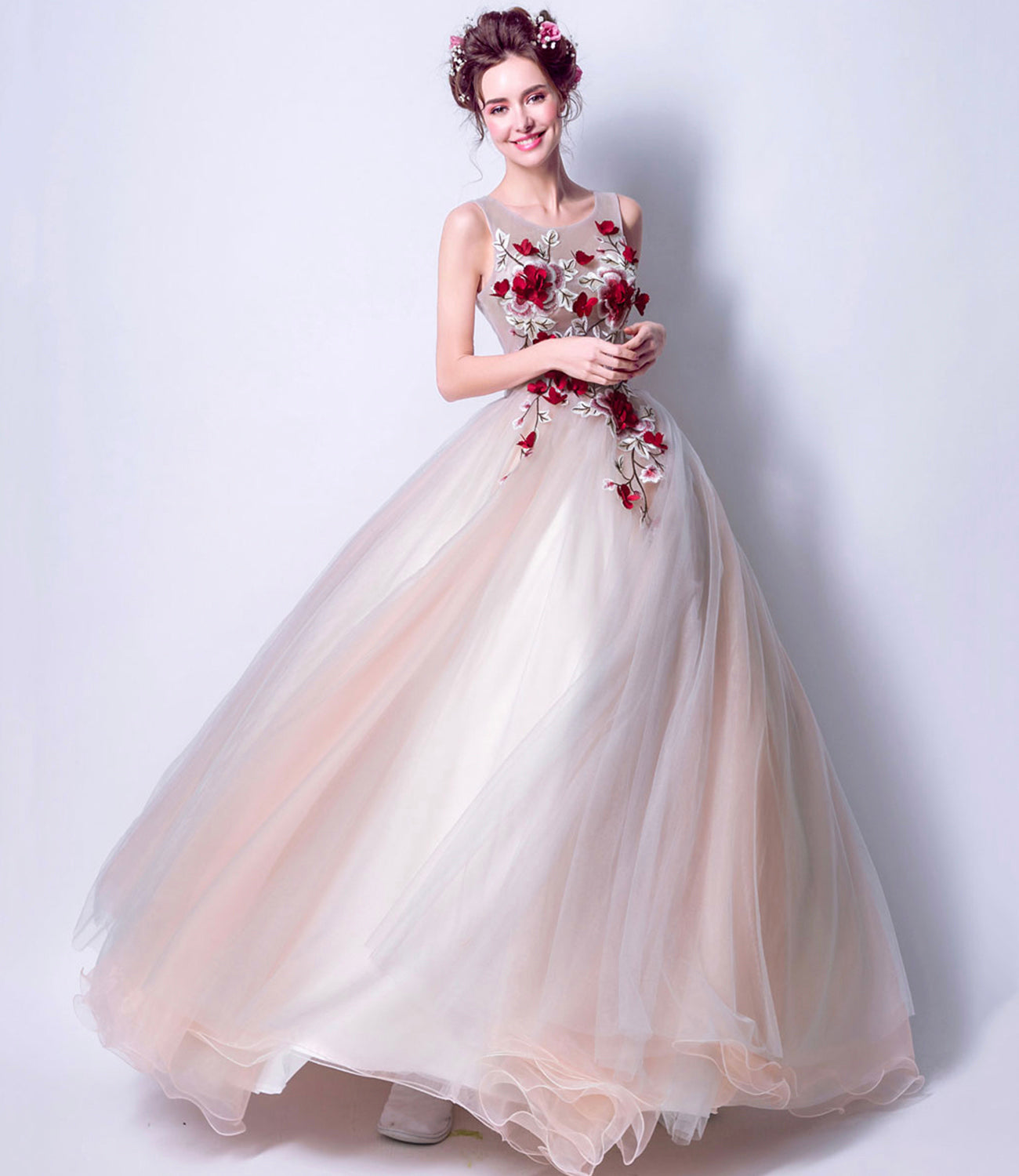 Elegant tulle applique long A line prom dress evening dress  8802