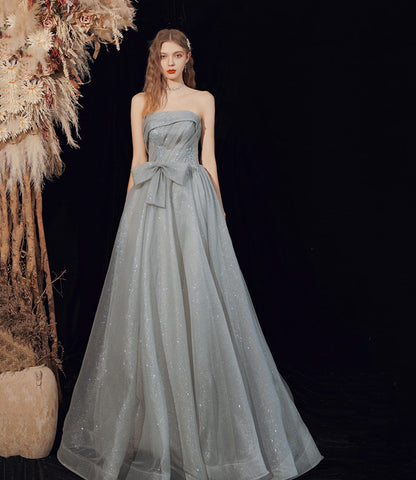Gray tulle long A line prom dress gray evening dress  8792
