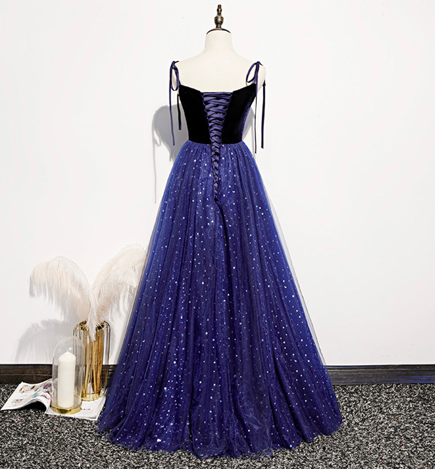 Blue tulle sequins long prom dress evening dress  8463