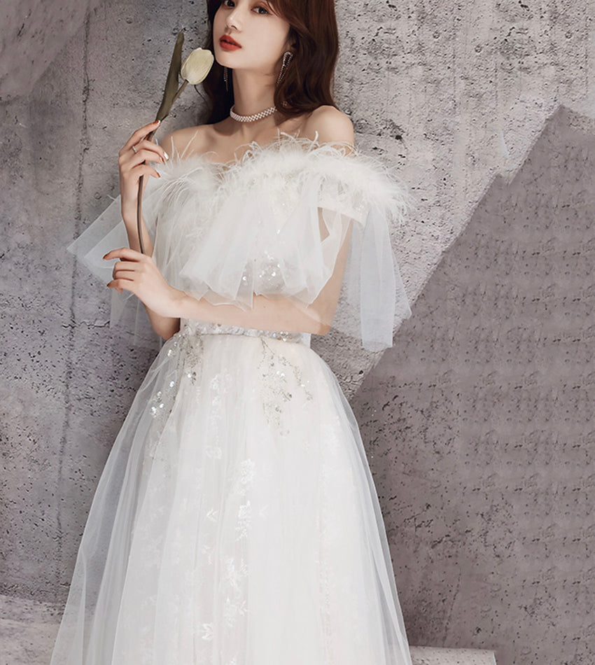 Unique tulle sequins long prom dress white evening dress 8534