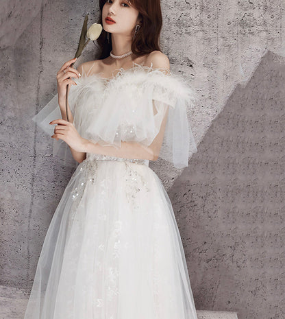 Unique tulle sequins long prom dress white evening dress 8534