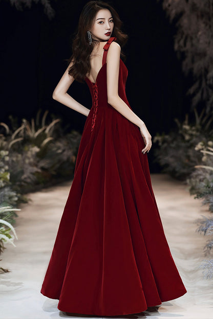 Burgundy velvet long A line prom dress evening dress  8699