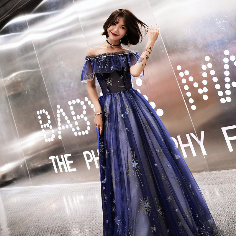 Blue tulle long prom dress with stars  8481