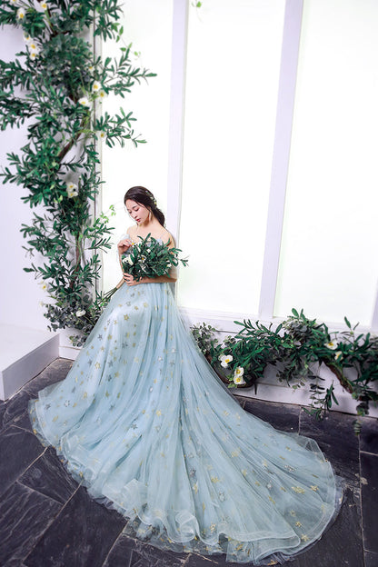 Blue tulle sequins prom dress formal dress  8298