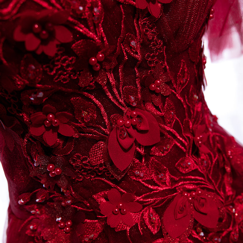Burgundy tulle lace long prom dress evening dress  8305