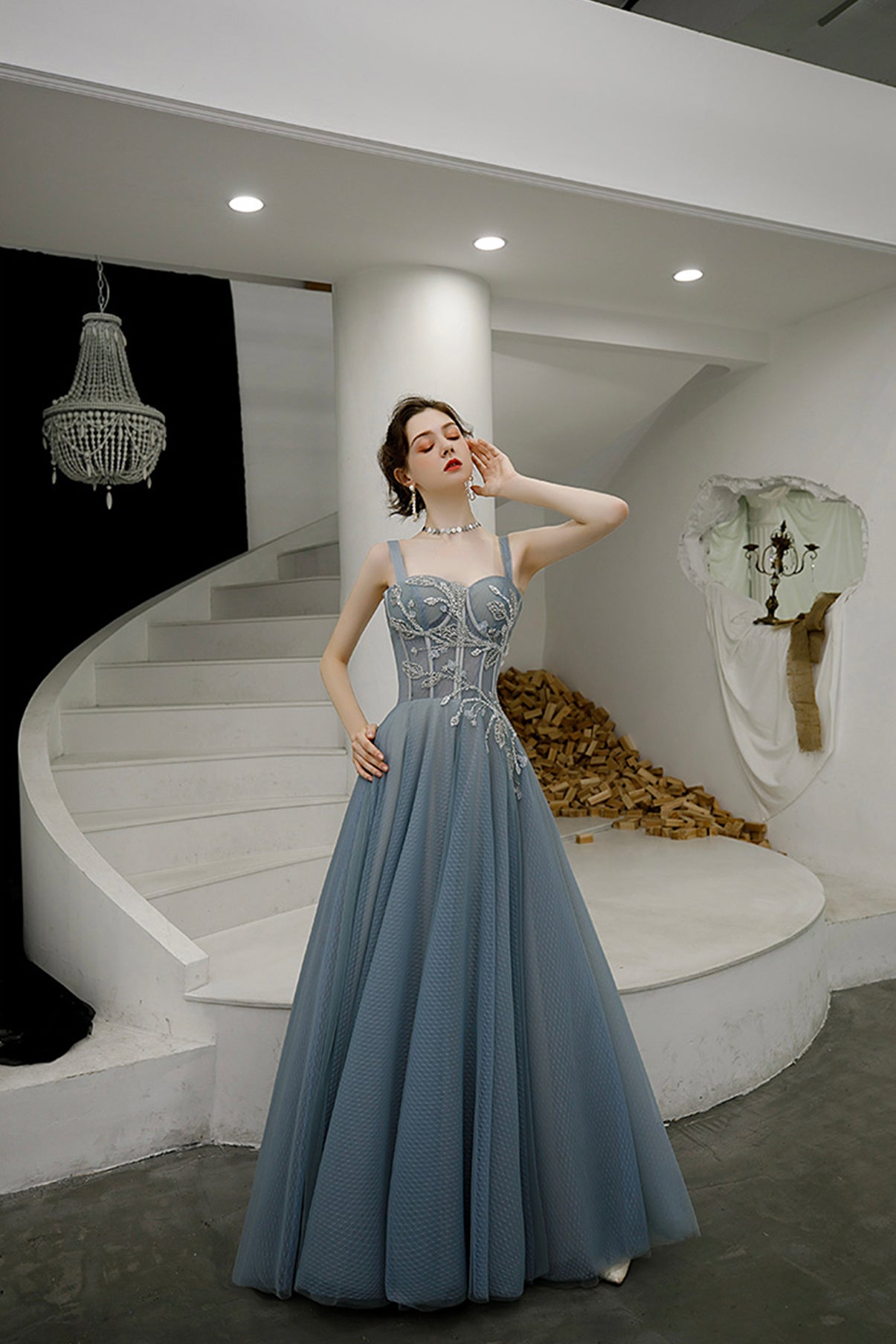 Cute tulle long A line prom dress evening dress  8561