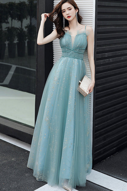 Blue tulle long A line prom dress blue evening dress  8581