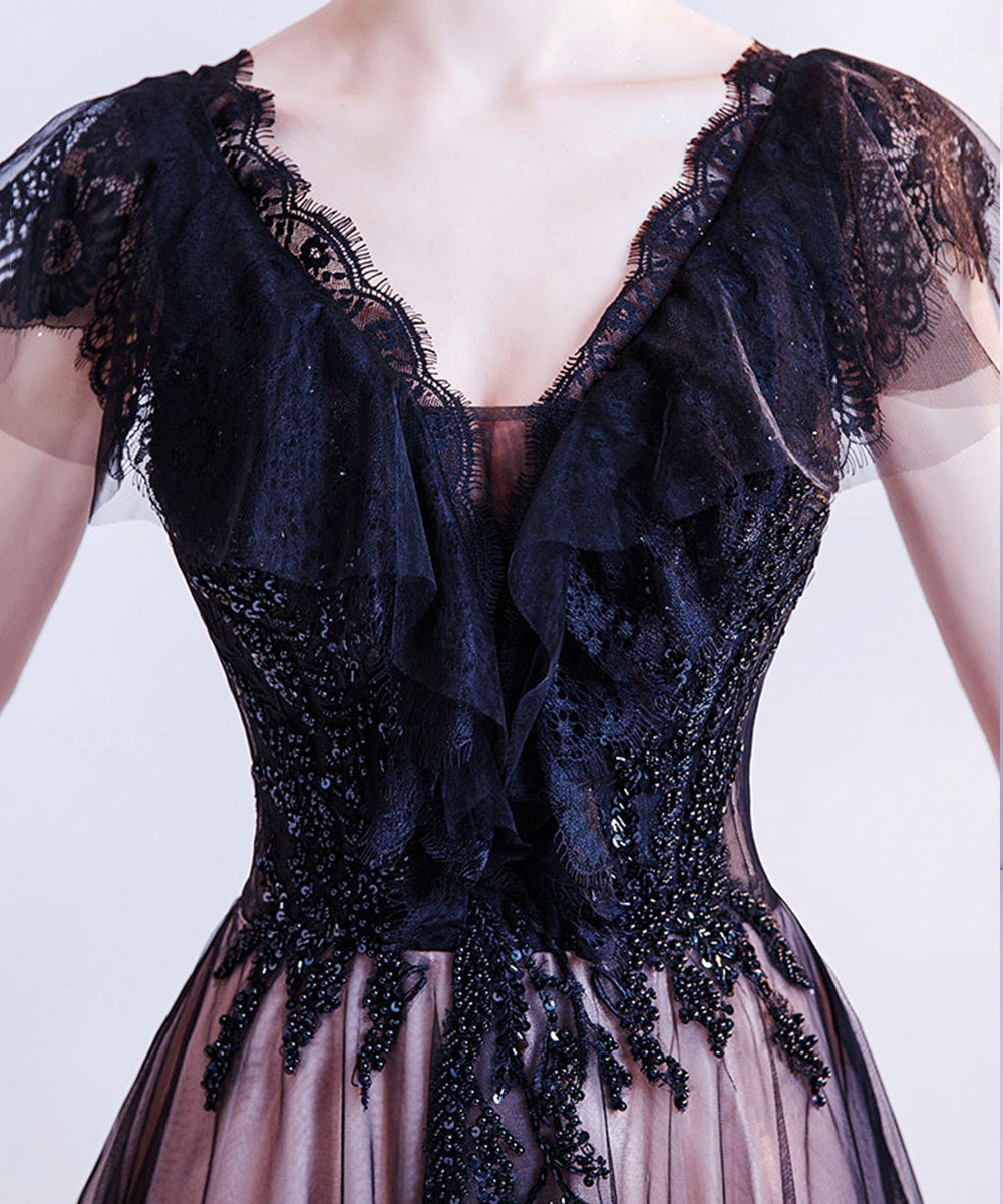 Black v neck tulle long prom dress evening dress  8512
