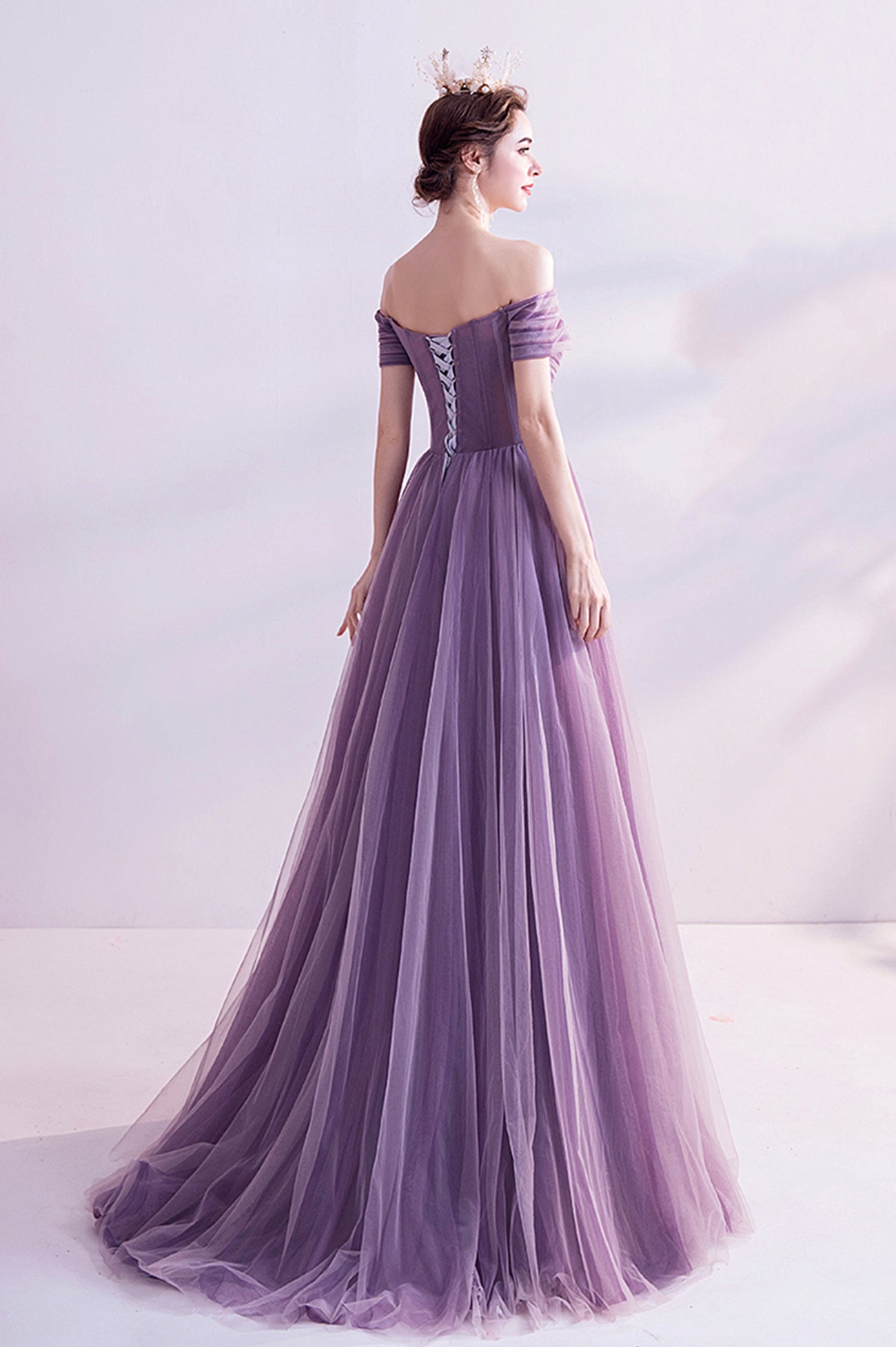 Purple tulle long prom dress A line evening dress  8562
