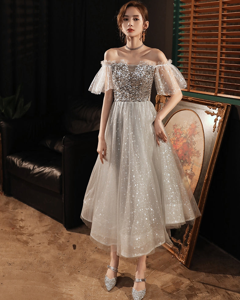 Gray sequins short prom dress evening dress  8359