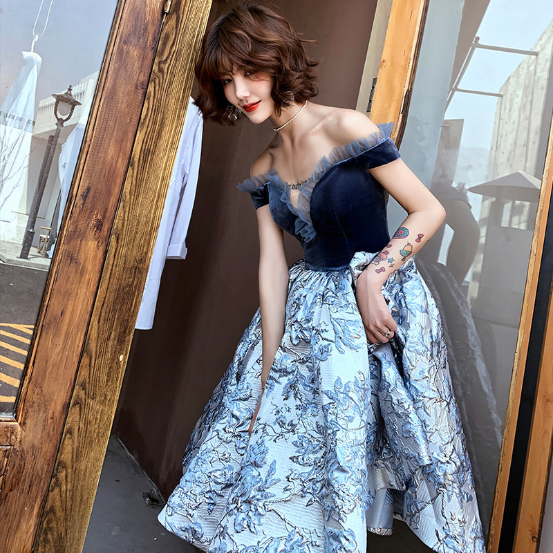 Blue velvet short prom dress party dress  8355