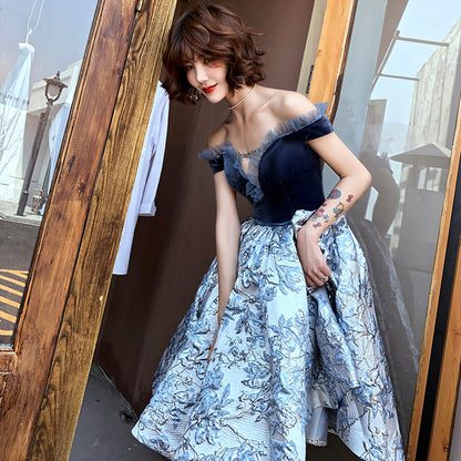 Blue velvet short prom dress party dress  8355