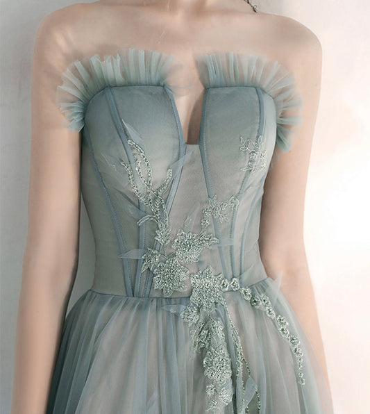 Stylish tulle lace long prom dress green evening dress  8547