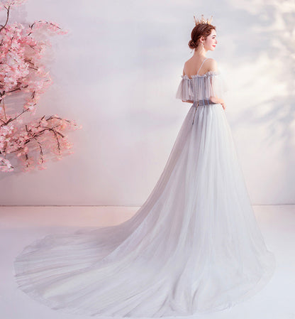 Gray tulle lace long prom dress evening dress  8453