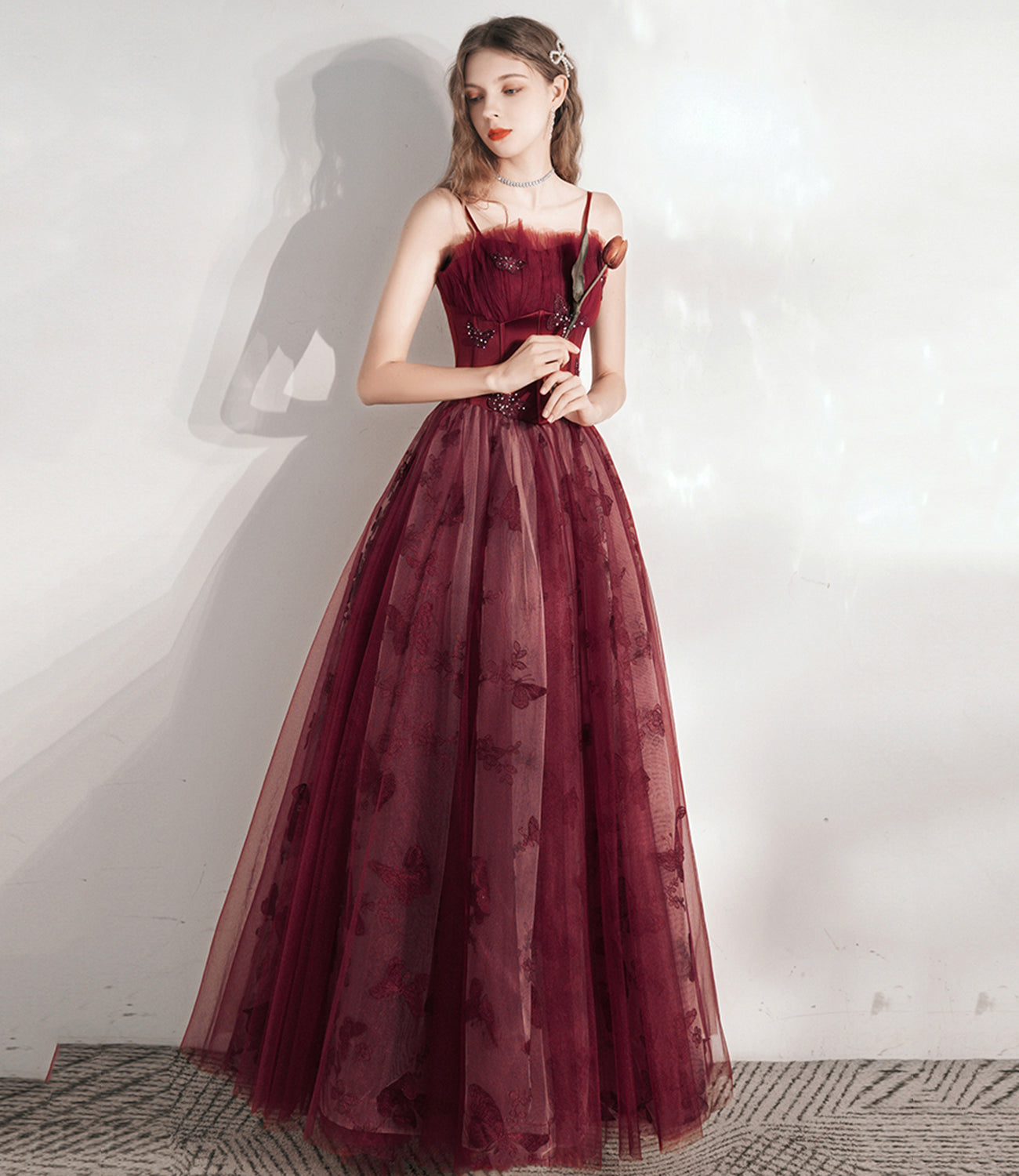 Burgundy tulle long A line prm dress evening dress  8799