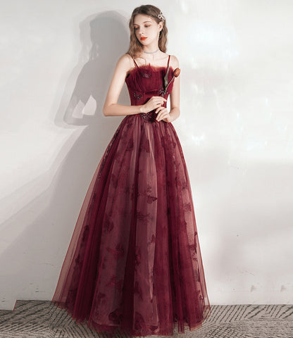 Burgundy tulle long A line prm dress evening dress  8799