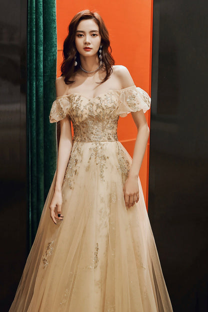 Gold tulle sequins long prom dress A line evening dress  8880