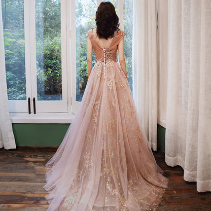 Pink tulle sequins prom dress evening dress  8238