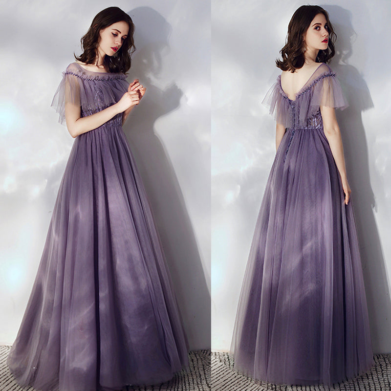 Purple tulle long a line prom dress  8166