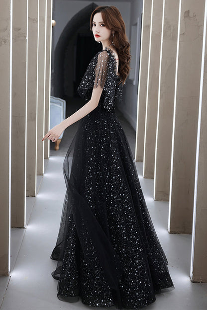 Black tulle long A line prom dress evening dress  8681