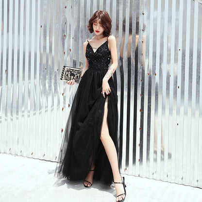 Black v neck tulle sequins long prom dress, evening dress  8133