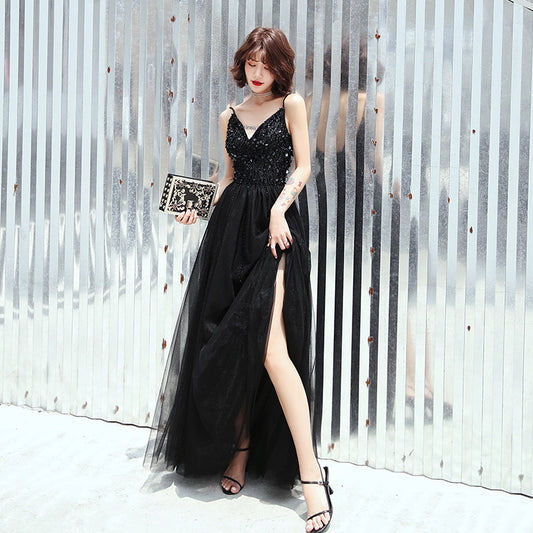 Black v neck tulle sequins long prom dress, evening dress  8133