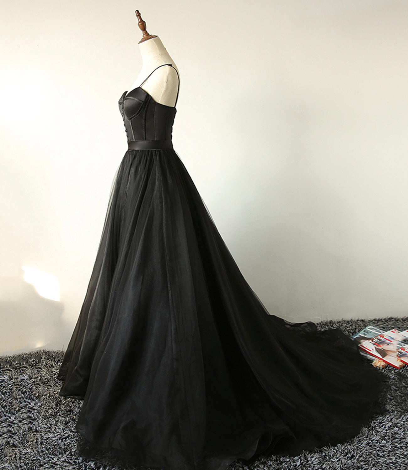 Black tulle long A line prom dress black evening dress  8803