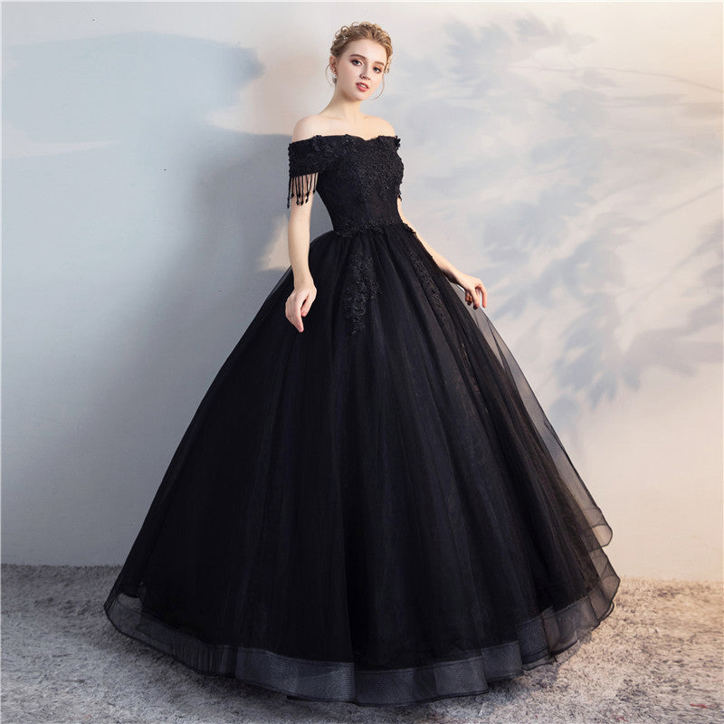Black tulle lace long prom gown, cheap evening dress  8137
