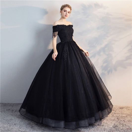 Black tulle lace long prom gown, cheap evening dress  8137